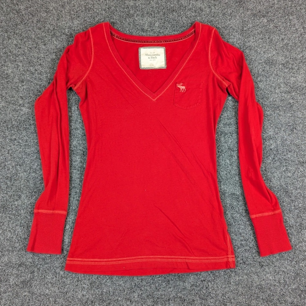 Abercrombie & Fitch Womens Y2K Babydoll V-Neck Long Sleeve Top Red Moose Logo M - Picture 3 of 16